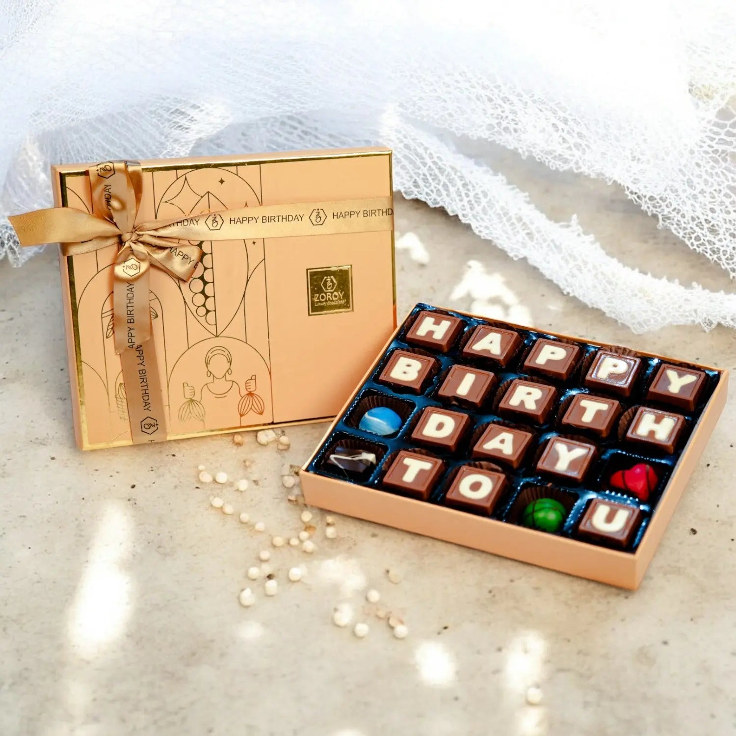 ZOROY Luxury Chocolate Signature Belgian style pure couverture Happy Birthday Message Chocolate gift Box of 20 Pcs - ZOROY