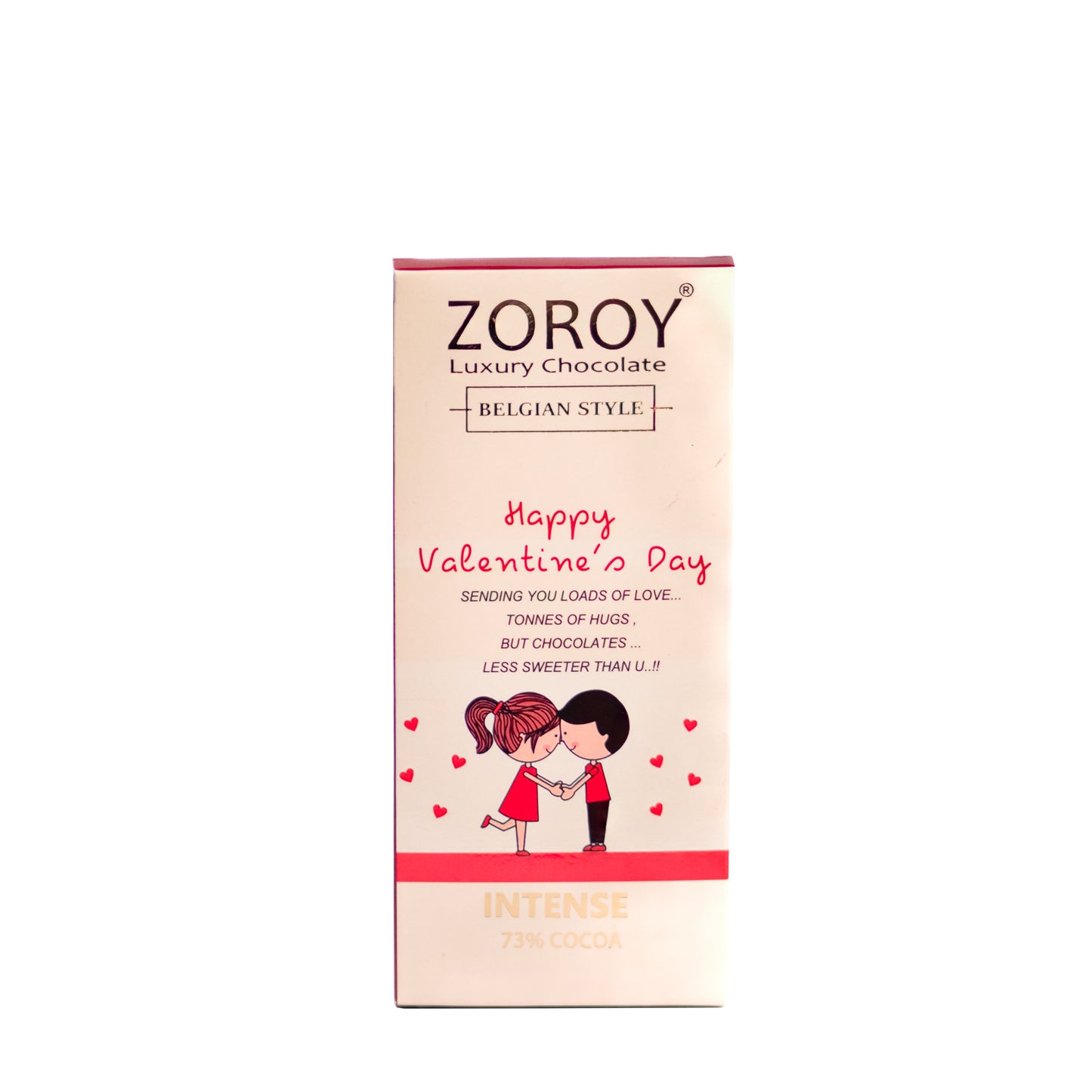 ZOROY Pure Belgian Couverture 73% Dark Chocolate Happy Valentine's day message bar - 100gms