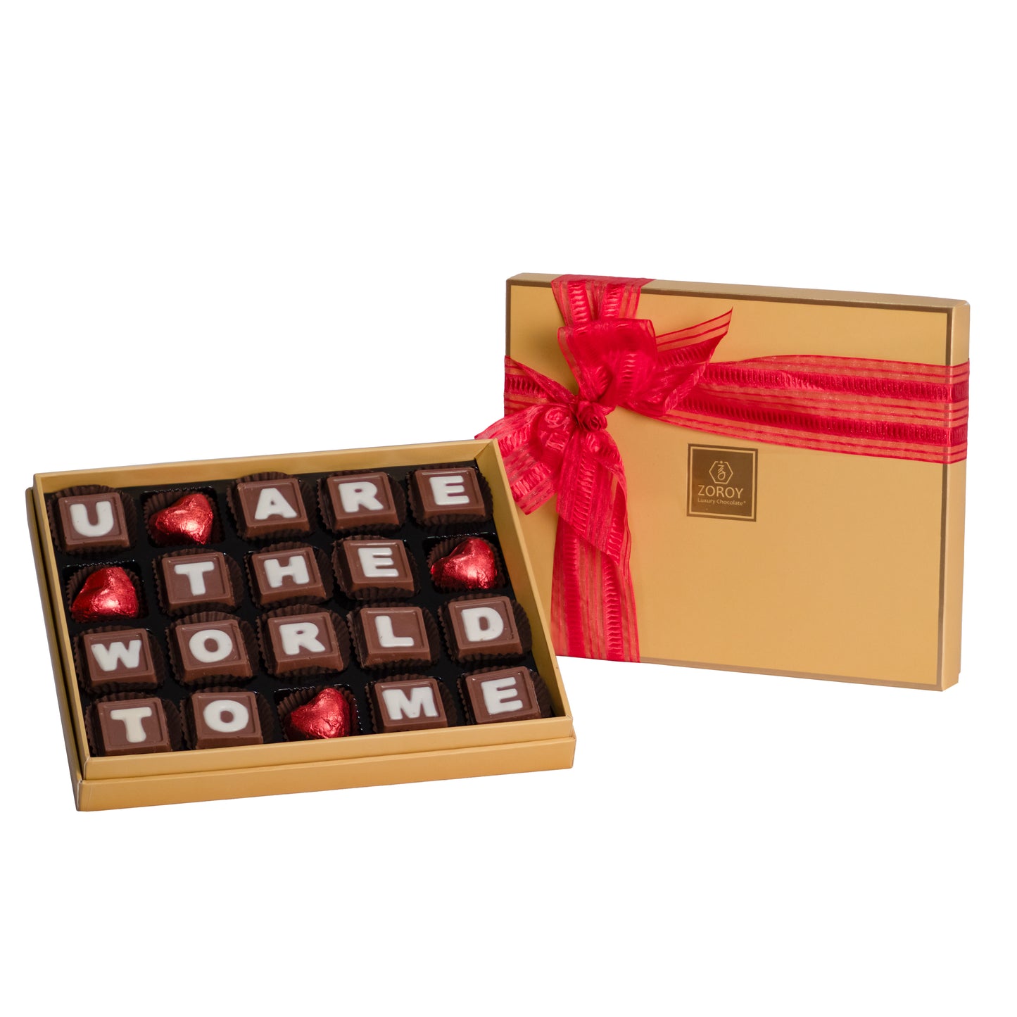 ZOROY Message Box saying U are the WORLD to meA neat and chic box containing 20 milk chocolates. The letters in the box says U mean the World to me. A perfect way to show your love and appreciation to someone who means everything.