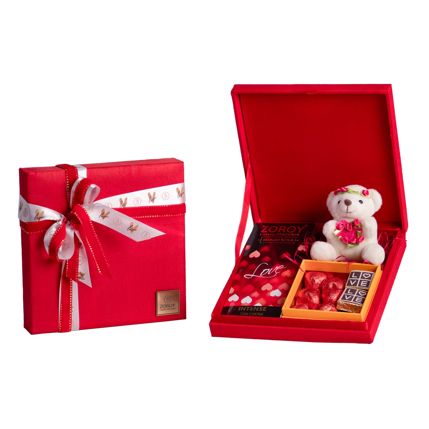 ZOROY LUXURY CHOCOLATE Red Silk Box with Valentines special chocolates and teddy bear For Girlfriend | Boyfriend Anniversary Gifts For Wife | Husband | Love Chocolates | Chocolate Hamper