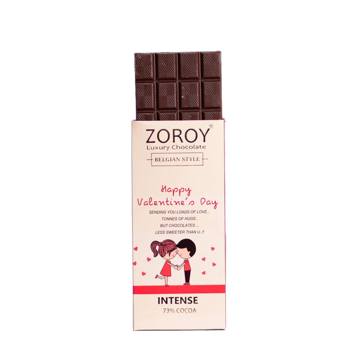 ZOROY Pure Belgian Couverture 73% Dark Chocolate Happy Valentine's day message bar - 100gms