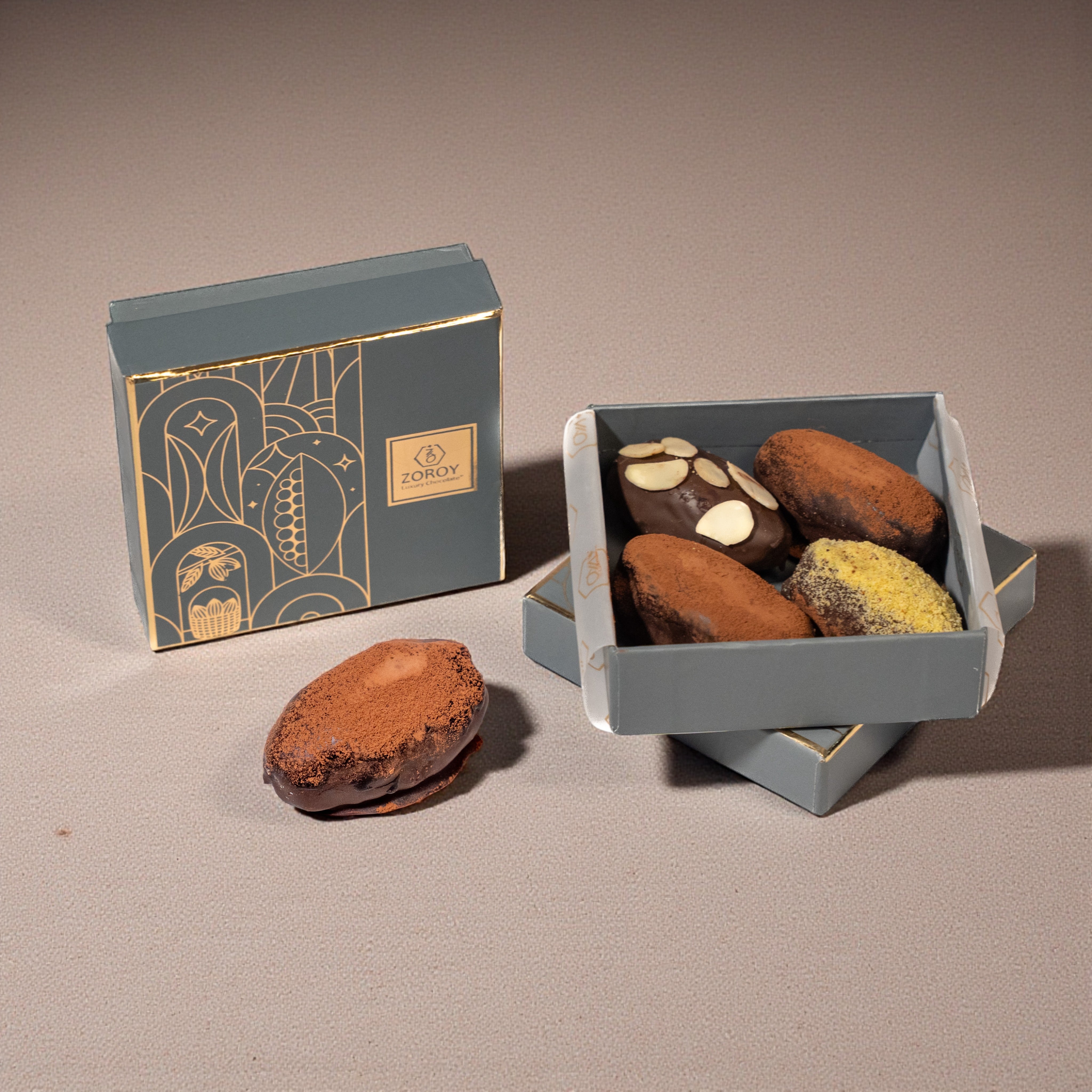 ZOROY 4 Medjool Dates Gift Box – 73% Dark Chocolate Stuffed Gourmet Assorted Dates for Eid & Ramadan