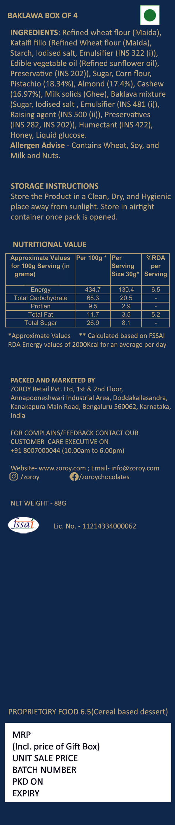 ZOROY Noor Premium Traditional Authentic Turkish Baklava – 4 Piece Assorted Gift Box, 88 g - Middle Eastern Delight with Rich Nuts & Honey | Perfect Sweets for Special Occasions, Festivities, Gifting and Snacking