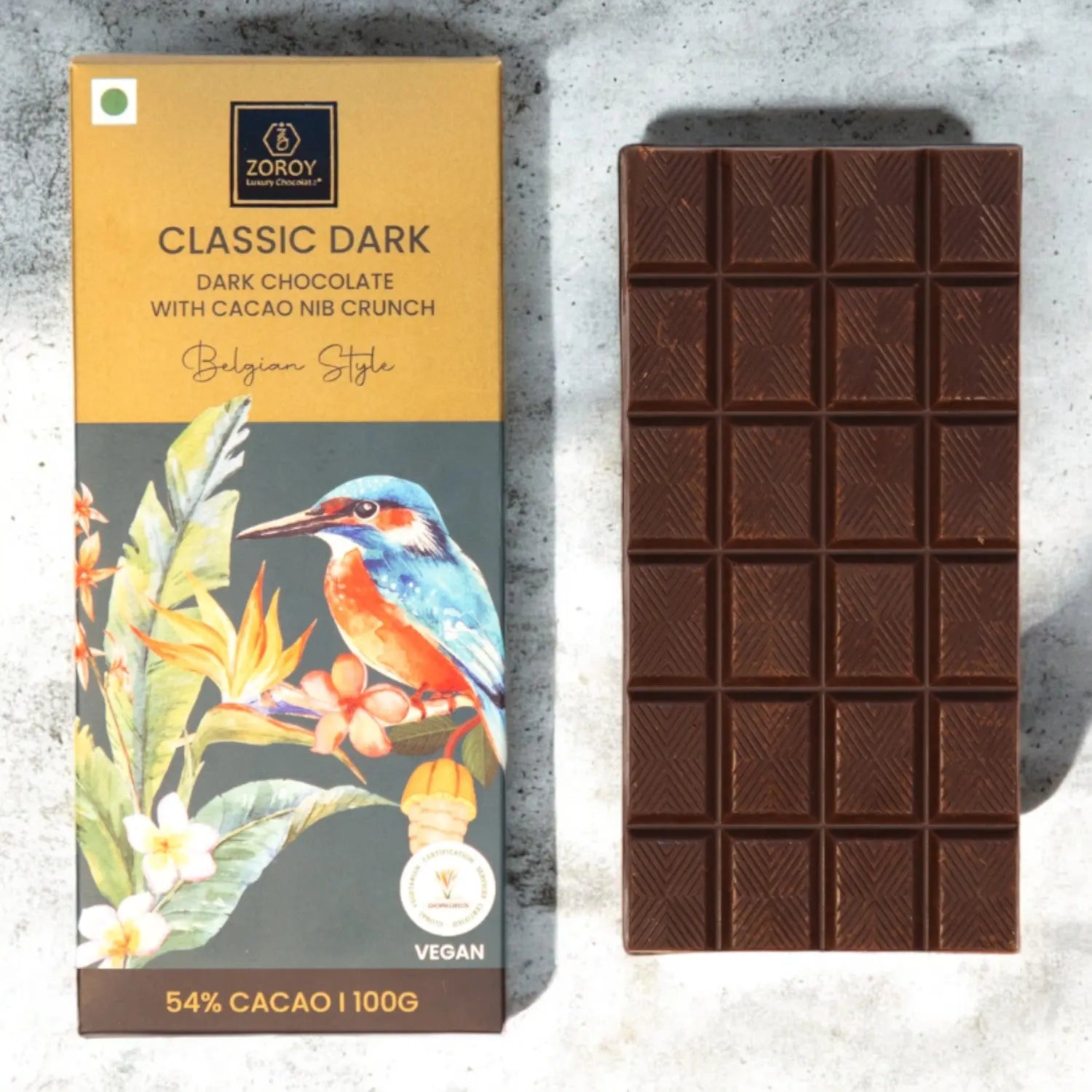 ZOROY LUXURY CHOCOLATE Pure Couverture 54% Dark chocolate bar with cocoa nib crunch | Signature Belgian style chocolate | Cooking chocolate | Vegan | 100 grams - ZOROY