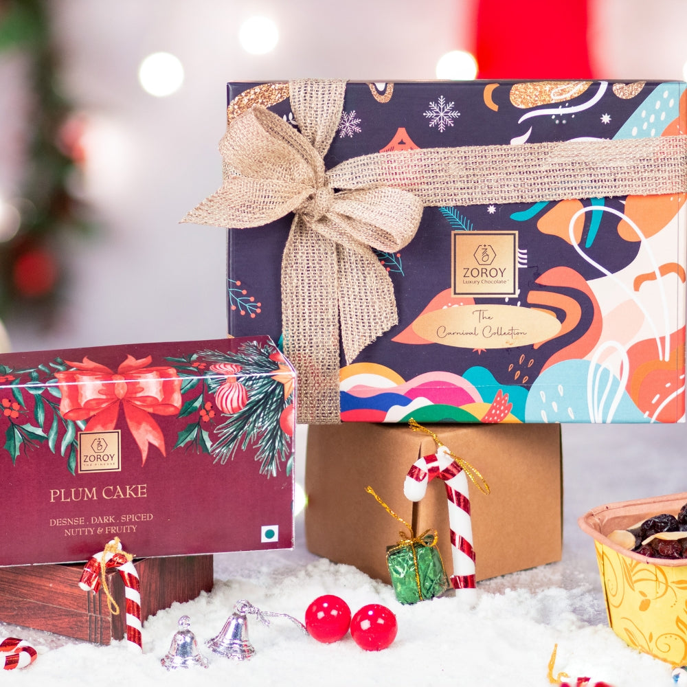 Zoroy Luxury Chocolate Christmas Combo pack Of Eggless Plumcake & Assorted Chocolate Gift Box Hamper For Corporate Celebration Xmas new year happy kids festival Surprise Online Chocolate Gift Box