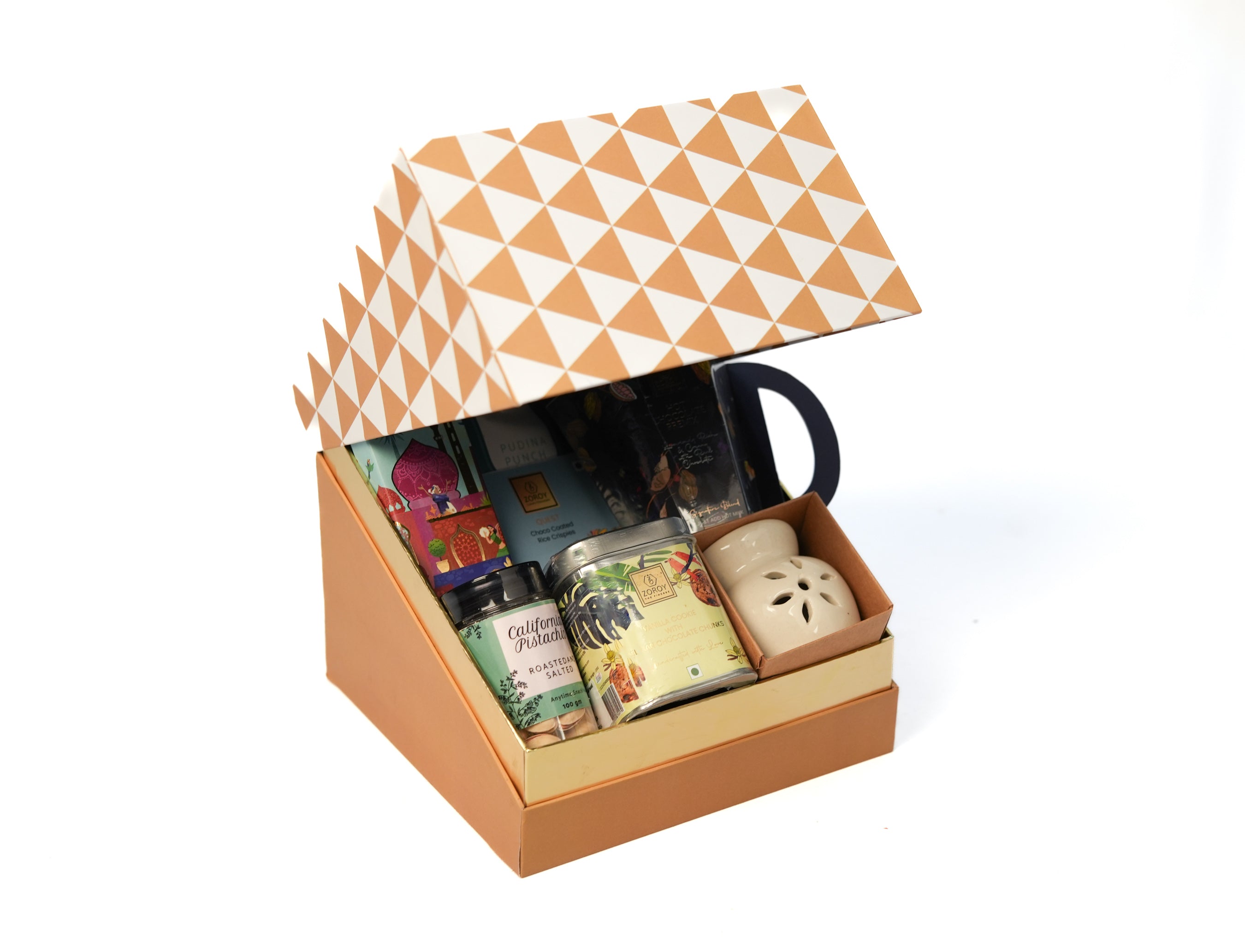 ZOROY Giled Treasure Hamper - Stylish Gift Box with Noor Premium Baklvas, Hot Chocolate Premix, Handmade Gourmet Cookies, Salted Pistachios, Snack Pack, Choco Coated Rice Crisps & Ceramic Aroma Diffuser - Ideal for Diwali Festives any occasion gifting