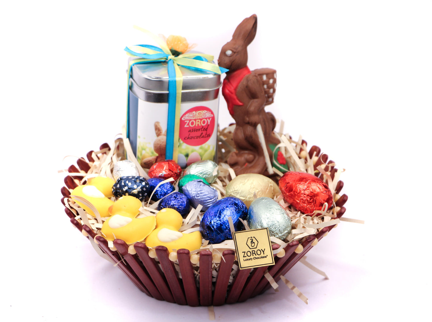 ZOROY Easter Special Round Basket with bunnies, eggs, ducks Gift Hamper - 300 Gms