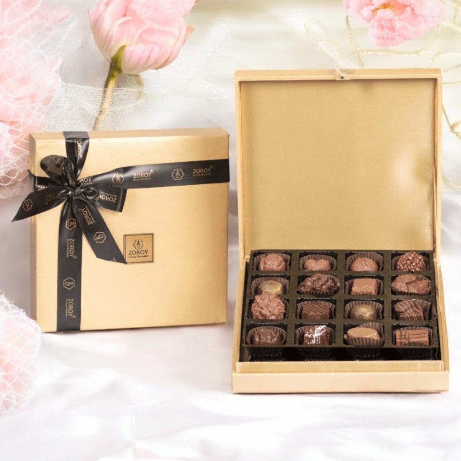 ZOROY Gold Leather Finish Box with 16 assorted Delite Chocolate Gift Box (176 Gms) - ZOROY