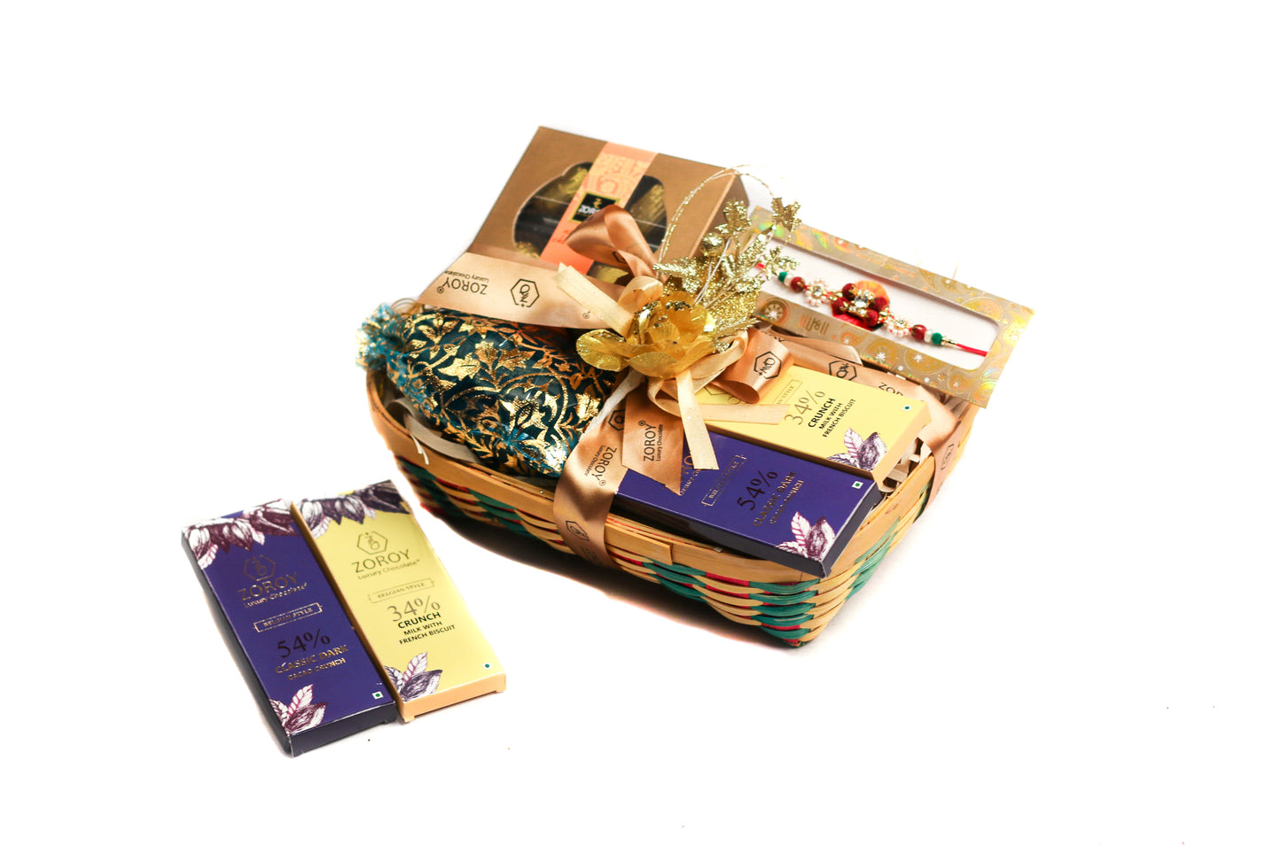 ZOROY luxury Chocolate Rakhi Hamper for Brother Sister | Rakhi basket with chocolates | Happy Rakhi chocolate | Rakhi set for Bhaiya Bhabhi | Rakhi gift combo | Rakshabandhan gift for sister |