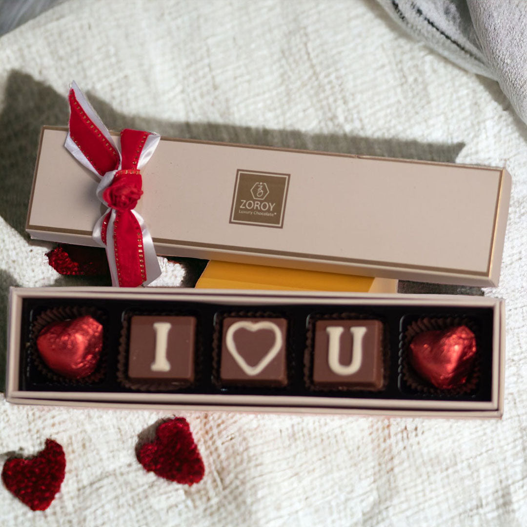 ZOROY LUXURY CHOCOLATE Valentines day Love Gift Magical ILU Box with 5 milk chocolates For Girlfriend | Boyfriend Anniversary Gifts For Wife | Husband | Love Chocolates | Chocolate Hamper For Couples