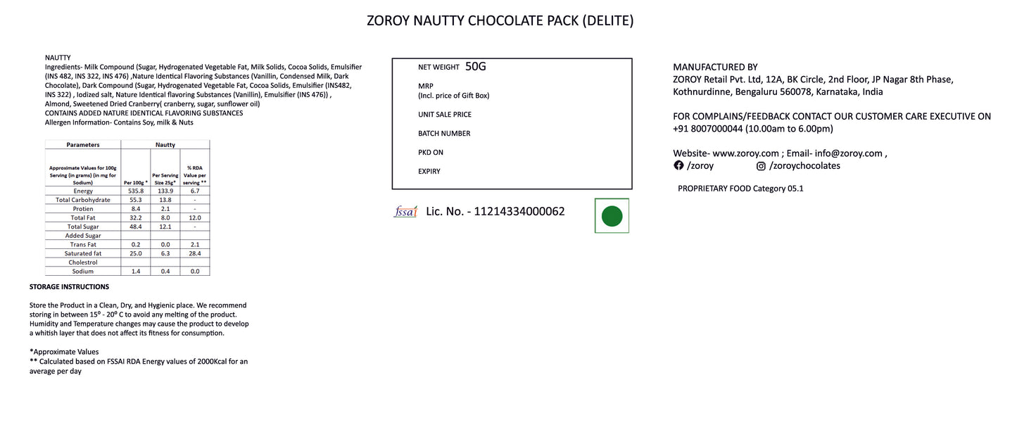 ZOROY Luxury Chocolate 5 almond cranberry delight| Gift for HER | Women's Day Gift for Mother Sister Friend Colleague  - 50 Gms