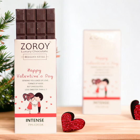 ZOROY Pure Belgian Couverture 73% Dark Chocolate Happy Valentine's day message bar - 100gms