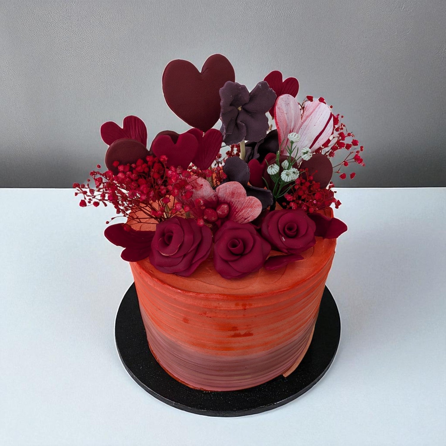 Shades of Red Cake with Red Flowers and Heart – Birthday & Celebration Cake