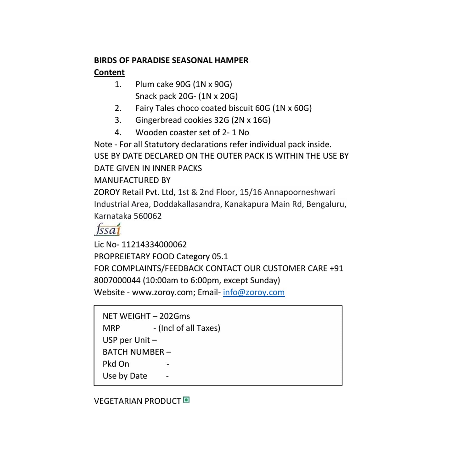 ZOROY Luxury Christmas Gift Hamper | Birds of Paradise Festive Box with Plum Cake 90g, Gingerbread Cookies, Choco Biscuit & Wooden Coasters | Secret Santa, Corporate & Holiday Gifting