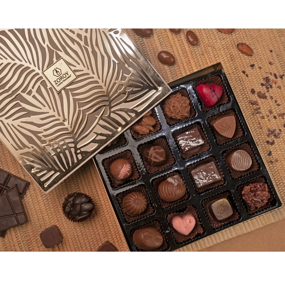 ZOROY Luxury Chocolate Premium Metal palm box | assorted chocolates 16 nos Gift Box for Diwali Festive Celebration Christmas Valentine Love New Year Rakhi Corporate combo Dark and Milk | 100% Veg