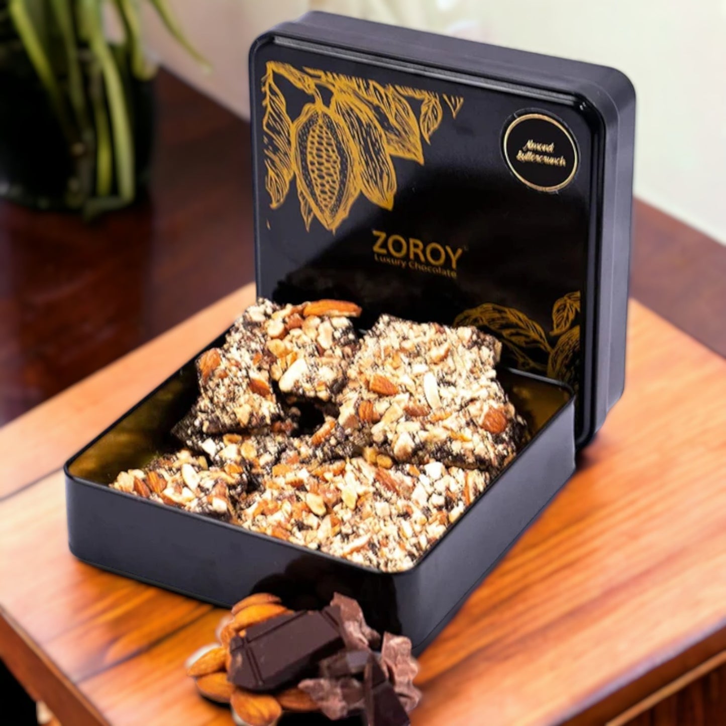 ZOROY LUXURY CHOCOLATE Box of Chocolate Almond Buttercrunch | Almond chocolate crisps | Butter toffee Almond thins | crunchy almond chocolate | Dark chocolate | Gift chocolate Box | 130 grams