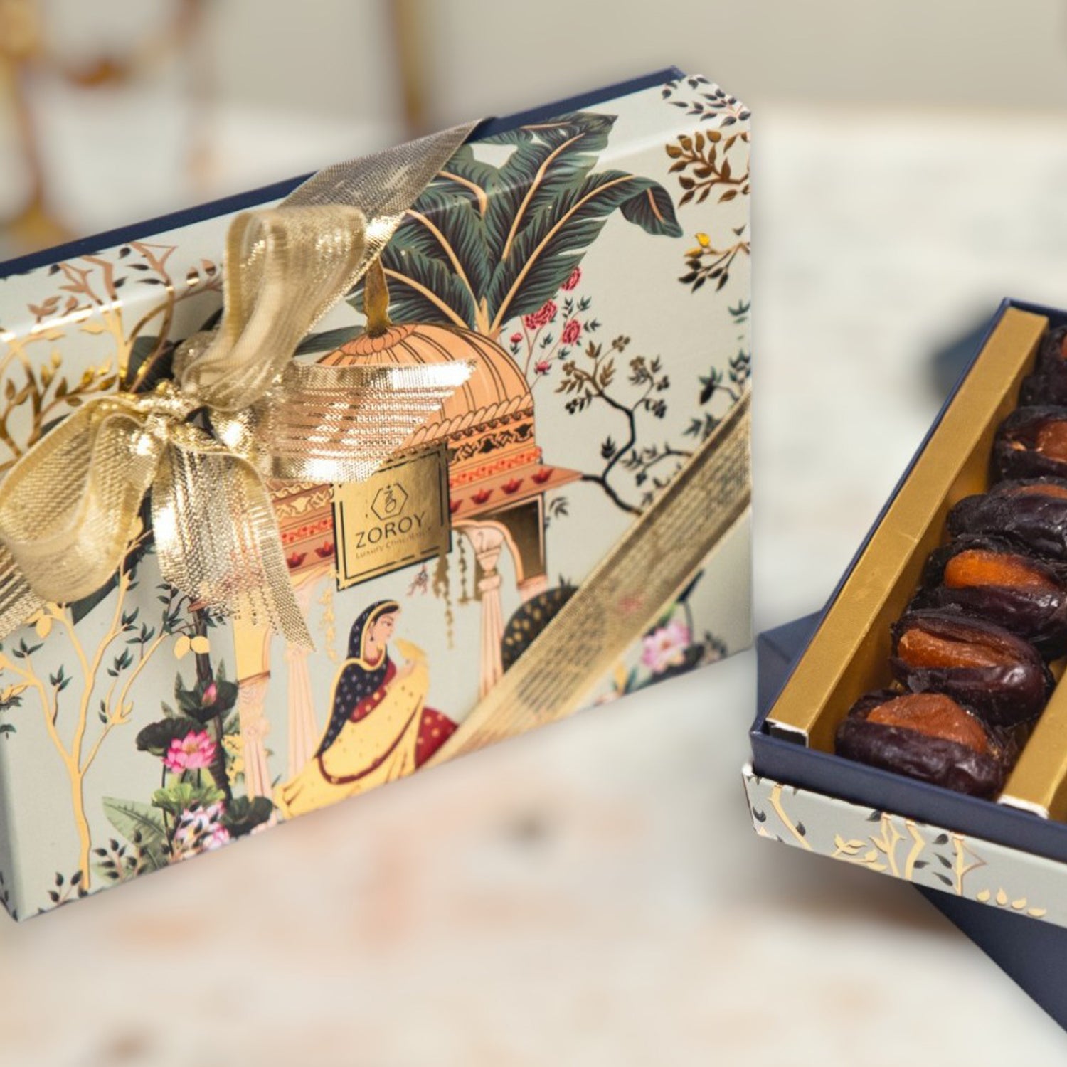 ZOROY Assorted Dry Fruit Filled Dates 250G | Filled With Roasted Pistachio, peeled orange wholes and chocolate coated almond stuffed dates | Khajur dry fruit