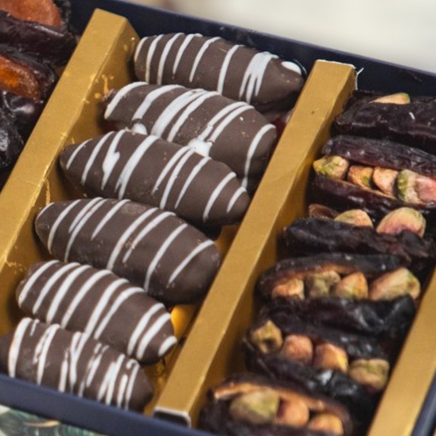 ZOROY Assorted Dry Fruit Filled Dates 250G | Filled With Roasted Pistachio, peeled orange wholes and chocolate coated almond stuffed dates | Khajur dry fruit