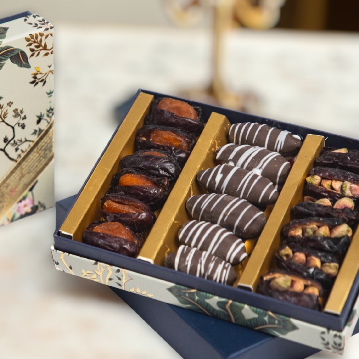 ZOROY Assorted Dry Fruit Filled Dates 250G | Filled With Roasted Pistachio, peeled orange wholes and chocolate coated almond stuffed dates | Khajur dry fruit