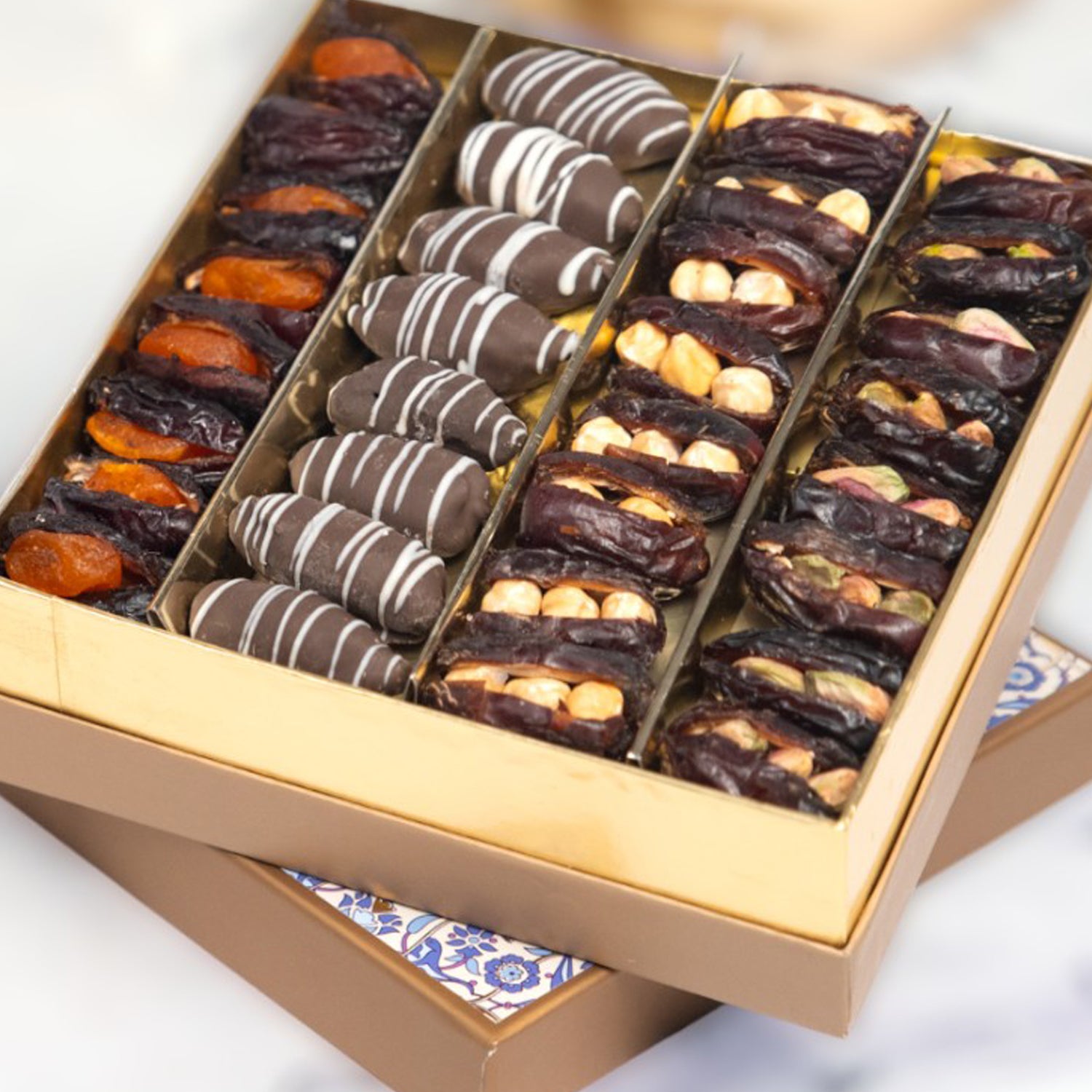 ZOROY Assorted Neel Dry Fruit Filled Dates 450G | Filled With Roasted Pistachio, peeled orange wholes,Roasted hazelnuts and chocolate coated almond stuffed dates | Khajur dry fruit |Natural Sweetener