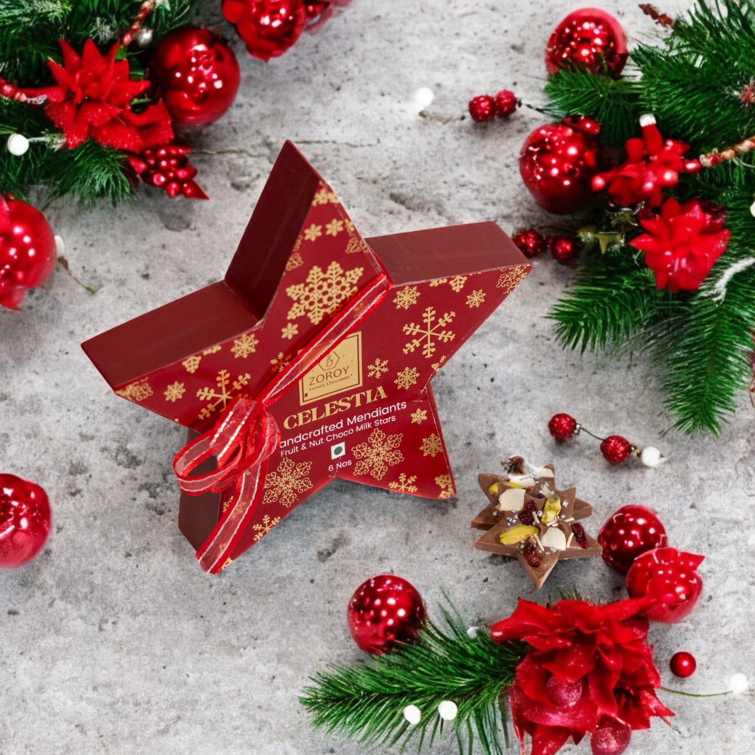 ZOROY Celestia Star Chocolate Box | Reusable Star Shaped Gift Box with 6 Fruit & Nut Mediants | Handcrafted Festive Chocolates for Christmas, Secret Santa & Corporate Gifting