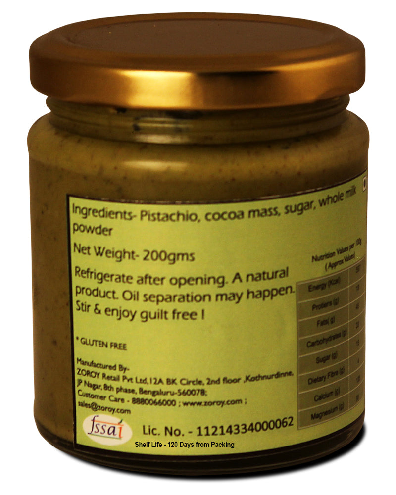 ZOROY THE FINESSE Chocolate Pistachio butter | Gourmet nut butter | Creamy Pistachio spread | Healthy chocolate spread | Gluten Free | 200 grams