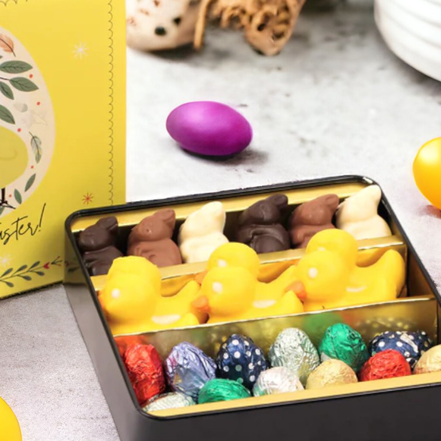 ZOROY Happy Easter Message with Assorted Bunnies Ducks & Egg's with Reusable Tin Box - 310 Gms