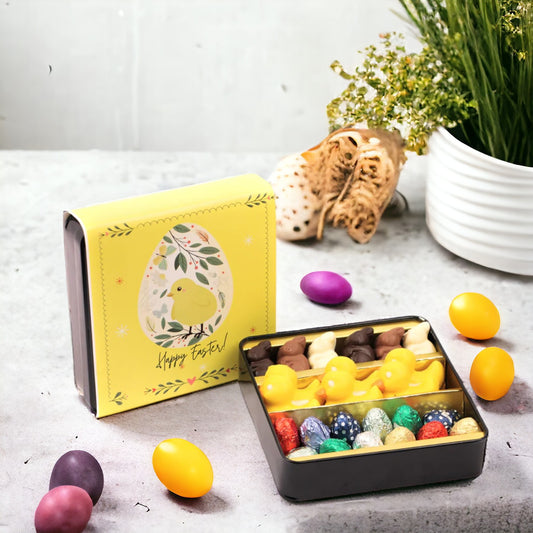 ZOROY Happy Easter Message with Assorted Bunnies Ducks & Egg's with Reusable Tin Box - 310 Gms