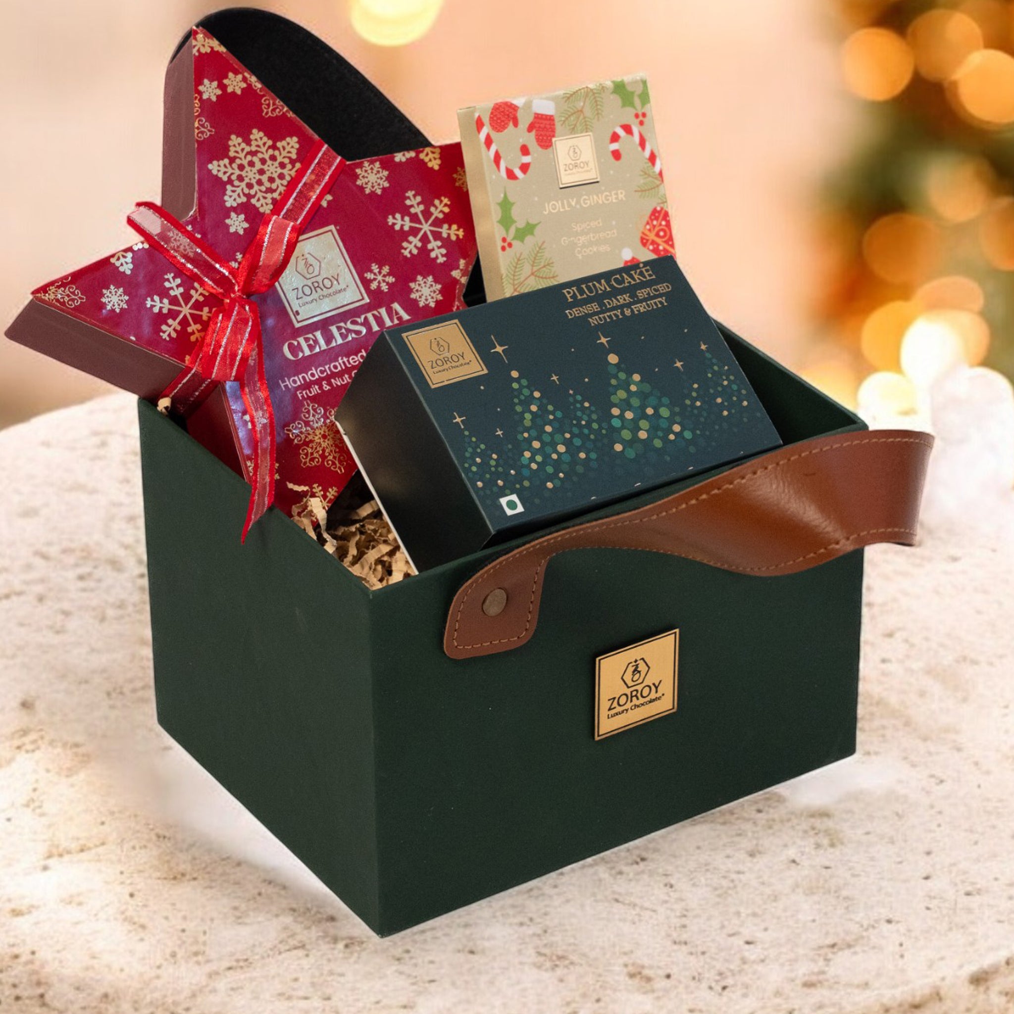 ZOROY Classic Cheer Christmas Gift Hamper | Leather Feel Basket with Plum Cake, Gingerbread cookie and Star box of 6 Chocolate Mediants | Festive, Secret Santa & Corporate Gifting