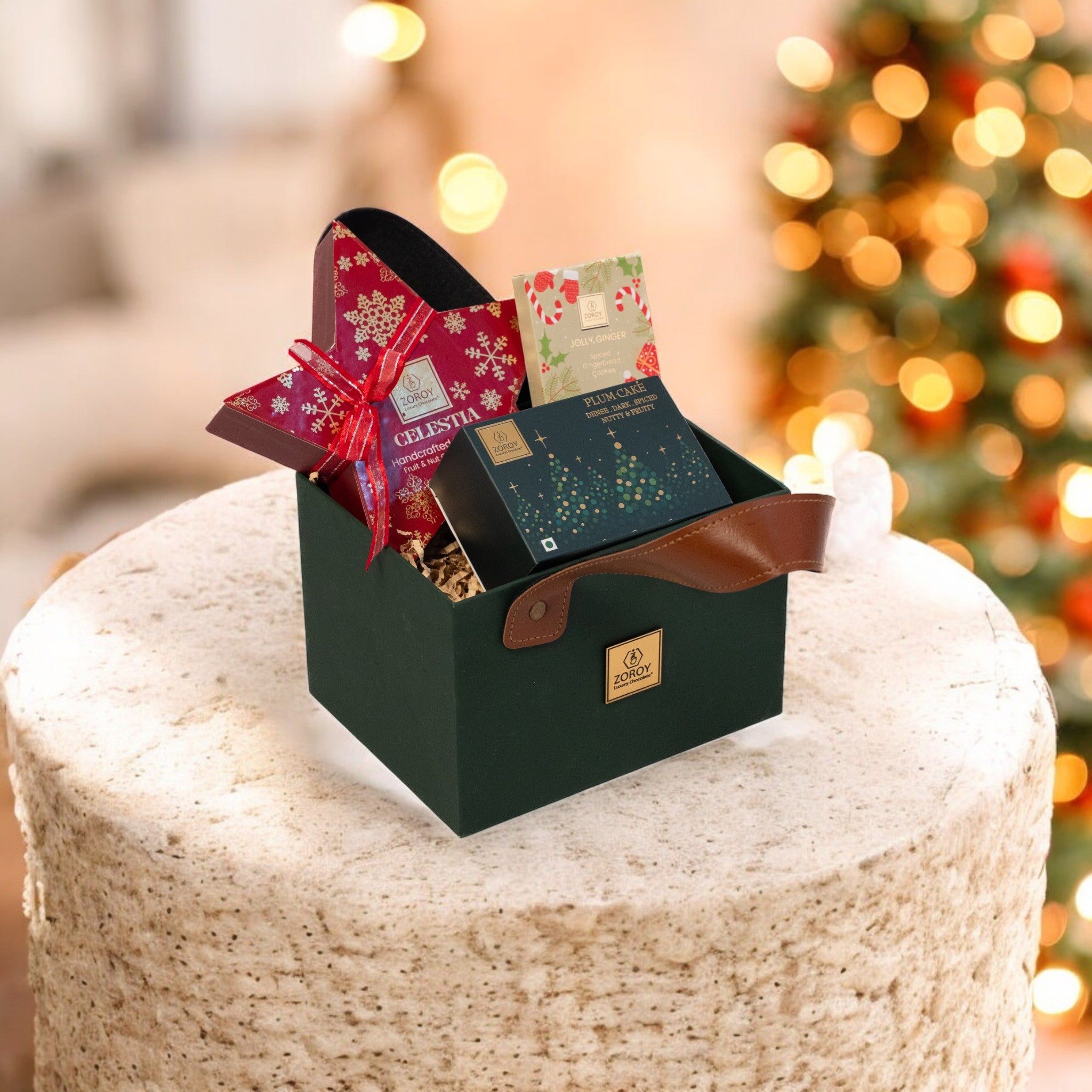 ZOROY Classic Cheer Christmas Gift Hamper | Leather Feel Basket with Plum Cake, Gingerbread cookie and Star box of 6 Chocolate Mediants | Festive, Secret Santa & Corporate Gifting