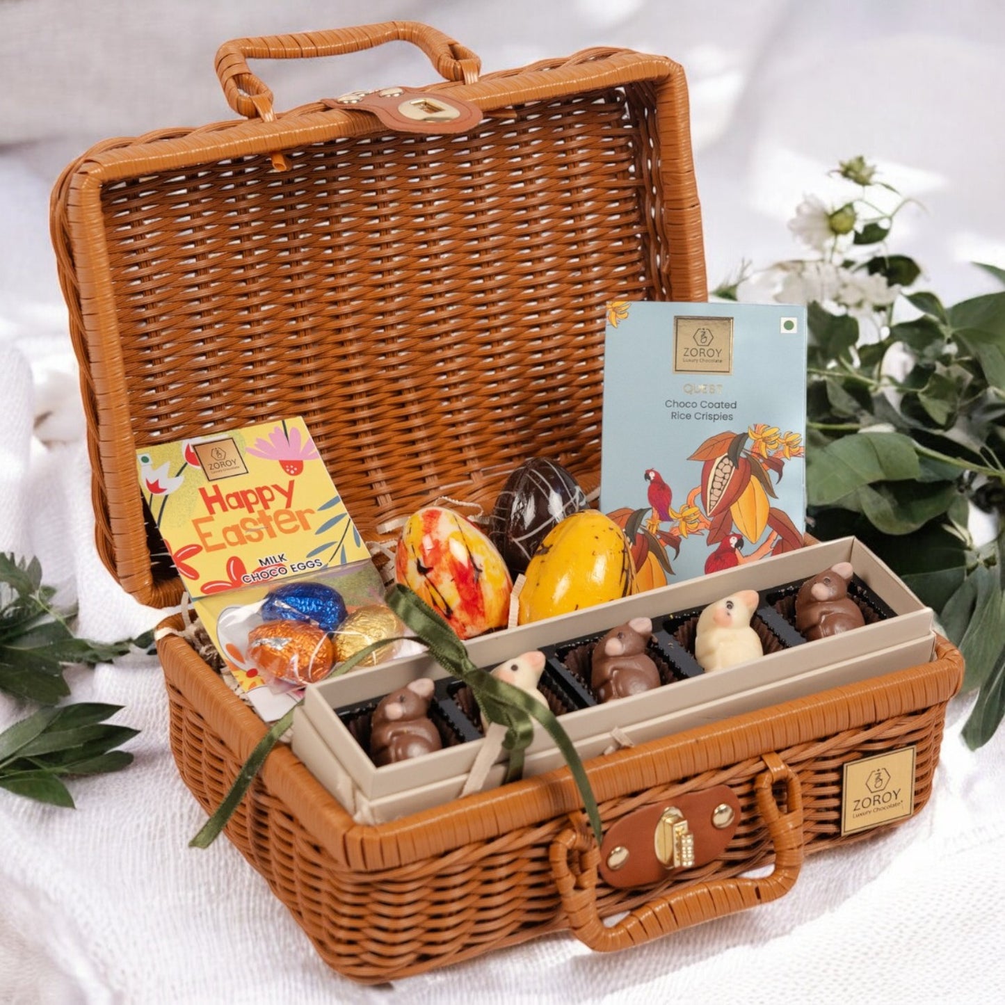 ZOROY Luxury Chocolate Easter Egg Hunt Cane Basket Hamper | Milk & White Chocolate Bunnies | Colourful Easter Eggs filled with candy |Chocolate Rice Crispies | Festive Easter Treats for Kids & Adult
