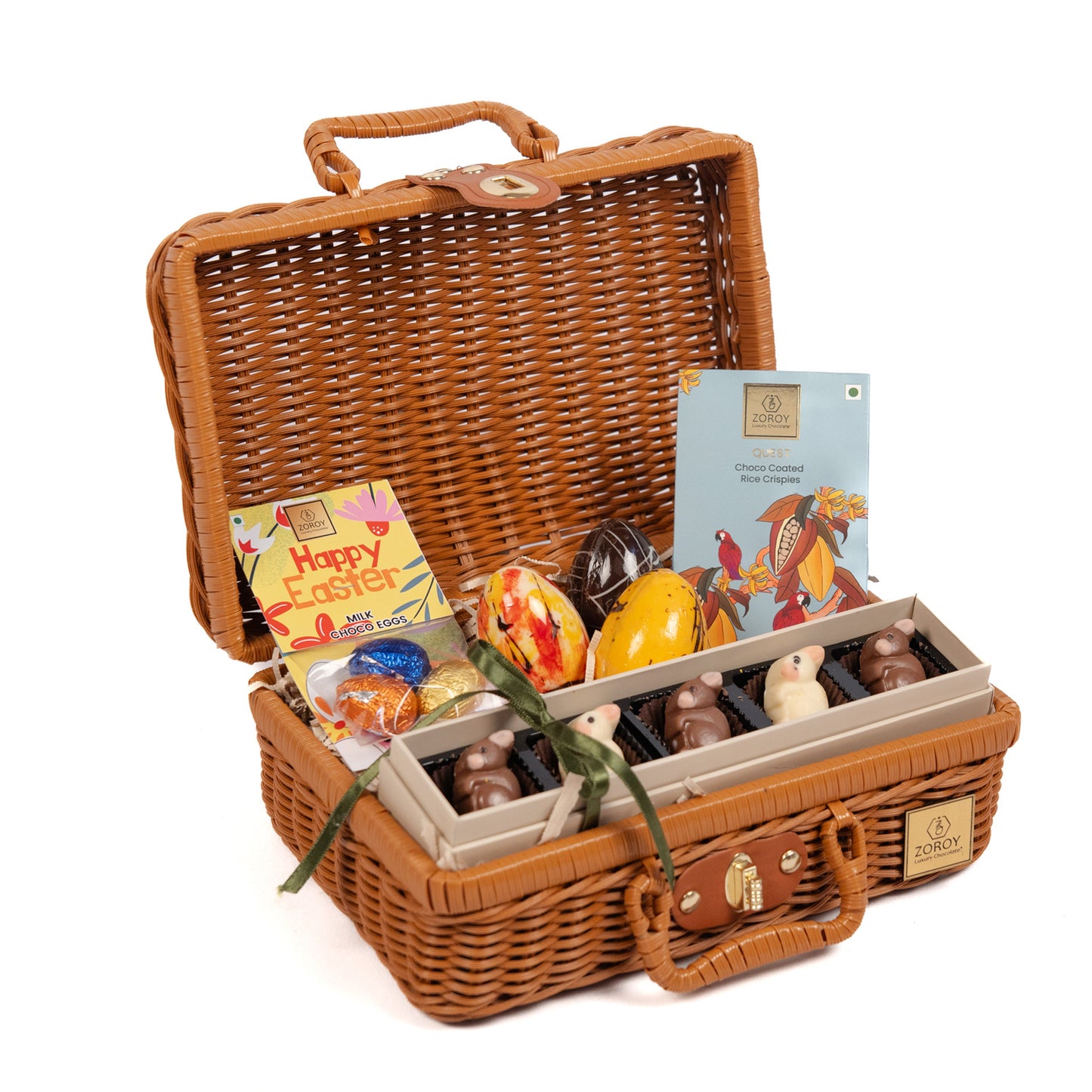 ZOROY Luxury Chocolate Easter Egg Hunt Cane Basket Hamper | Milk & White Chocolate Bunnies | Colourful Easter Eggs filled with candy |Chocolate Rice Crispies | Festive Easter Treats for Kids & Adult