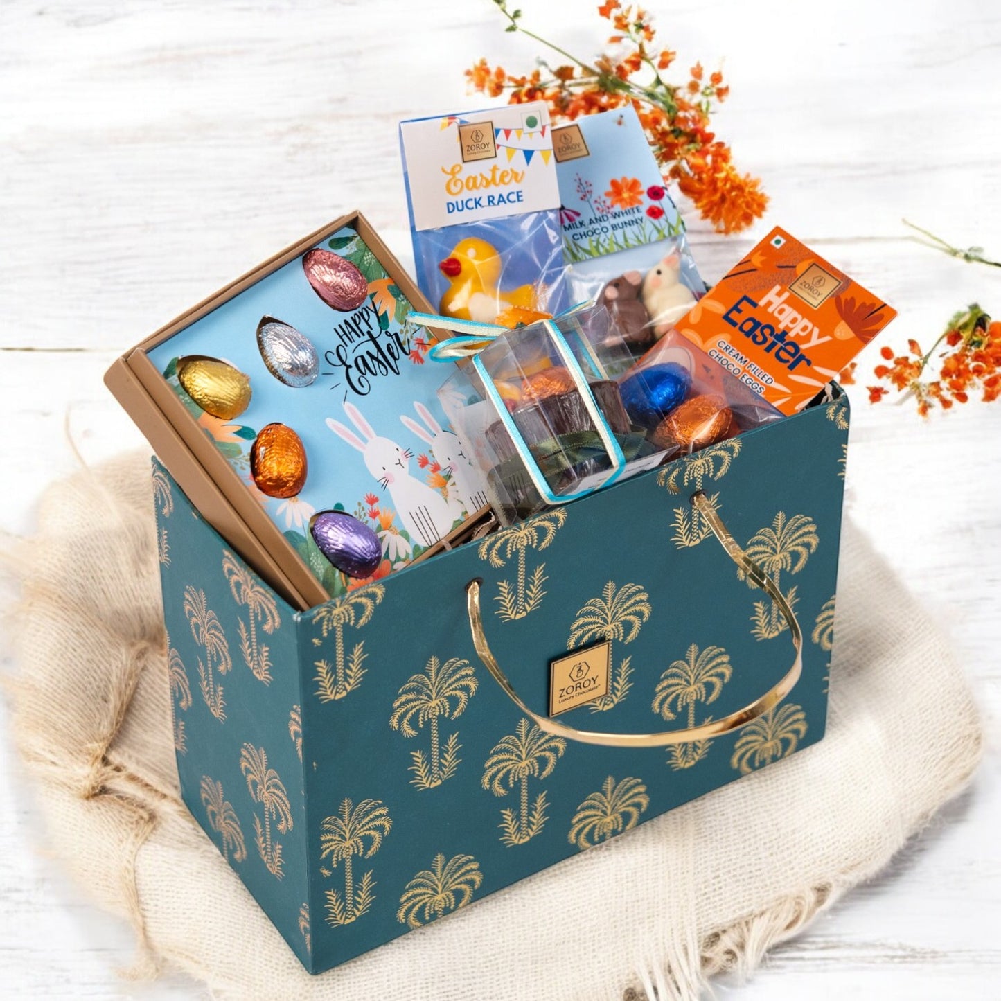 ZOROY Luxury Easter Palm Hamper Gift Basket | Mini Choco Eggs, Bunnies, Ducks, Cream Eggs & Choco Nest | Festive Easter Treats for Kids & Adults | Premium Chocolate Holiday Gift Treats & Goodies