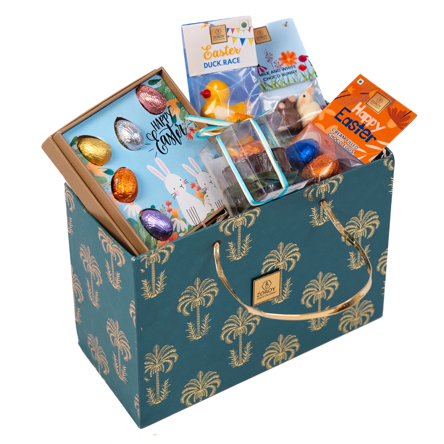 ZOROY Luxury Easter Palm Hamper Gift Basket | Mini Choco Eggs, Bunnies, Ducks, Cream Eggs & Choco Nest | Festive Easter Treats for Kids & Adults | Premium Chocolate Holiday Gift Treats & Goodies