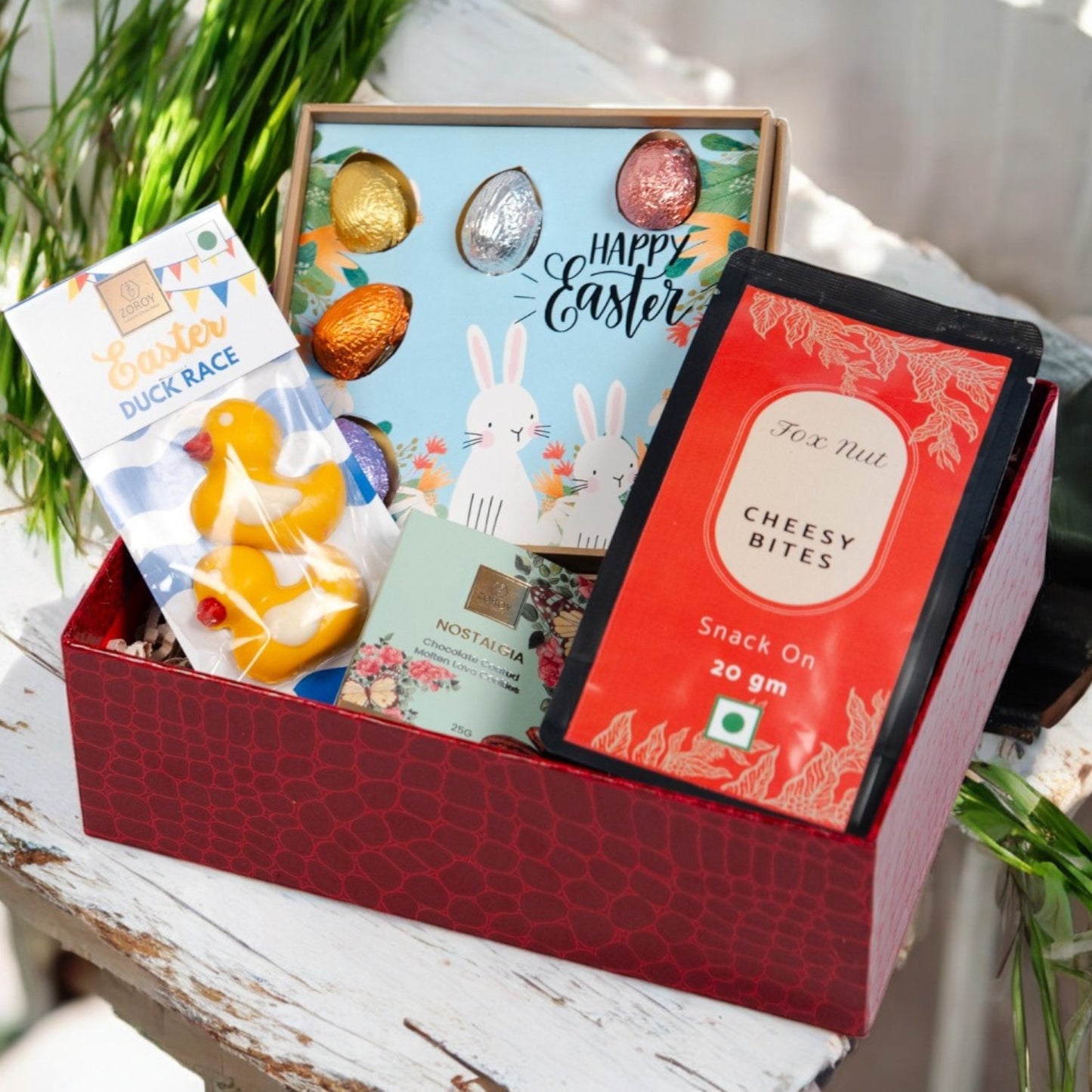 ZOROY Luxury Chocolate Easter Springtime Treats Basket with Choco Eggs, Ducks, Biscuit & Gourmet Snacks | Premium Treats Box |Holiday Gifts & Goodies for Kids, Adults & Festive Gifting | Basket Filler
