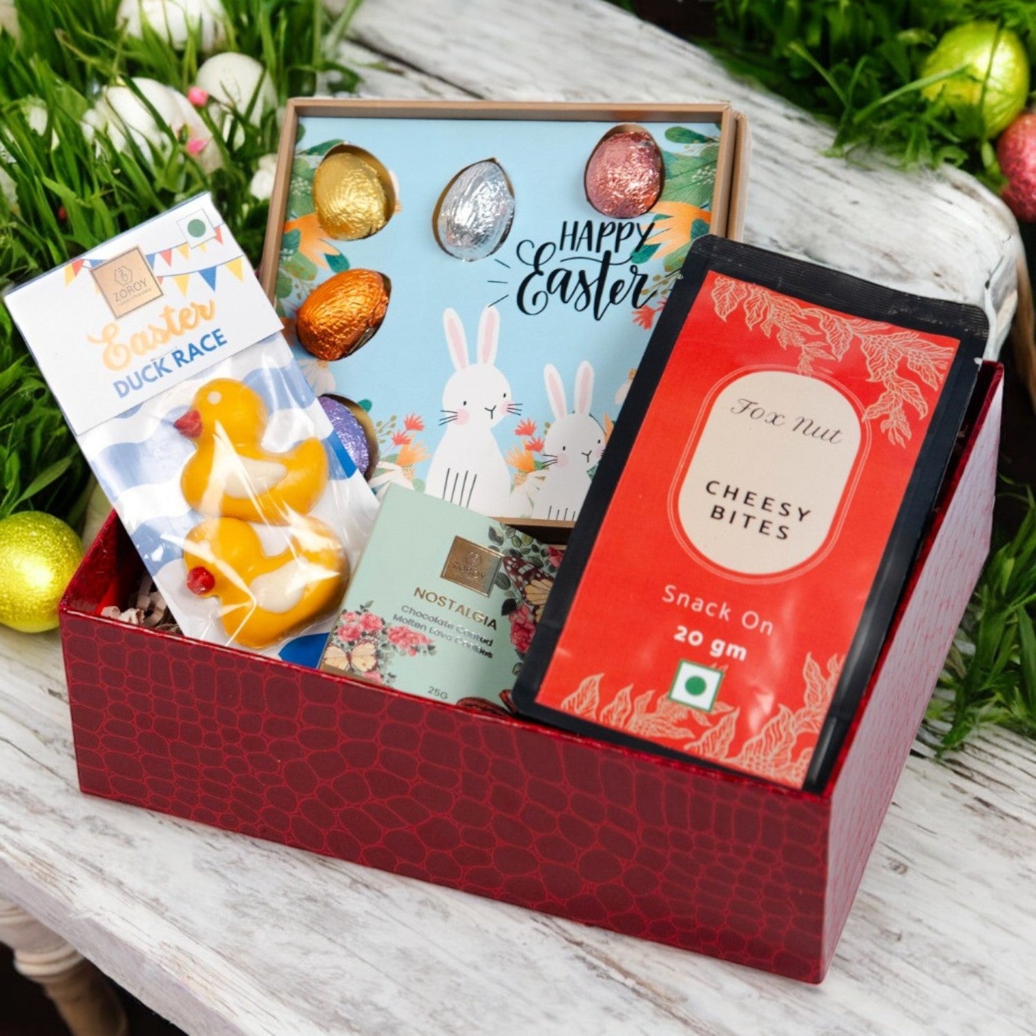 ZOROY Luxury Chocolate Easter Springtime Treats Basket with Choco Eggs, Ducks, Biscuit & Gourmet Snacks | Premium Treats Box |Holiday Gifts & Goodies for Kids, Adults & Festive Gifting | Basket Filler