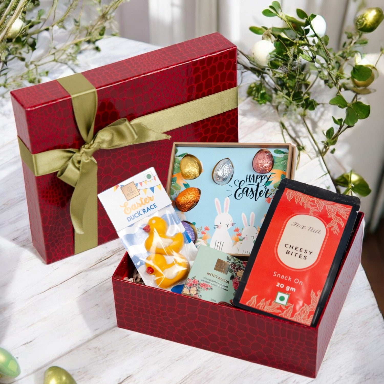 ZOROY Luxury Chocolate Easter Springtime Treats Basket with Choco Eggs, Ducks, Biscuit & Gourmet Snacks | Premium Treats Box |Holiday Gifts & Goodies for Kids, Adults & Festive Gifting | Basket Filler