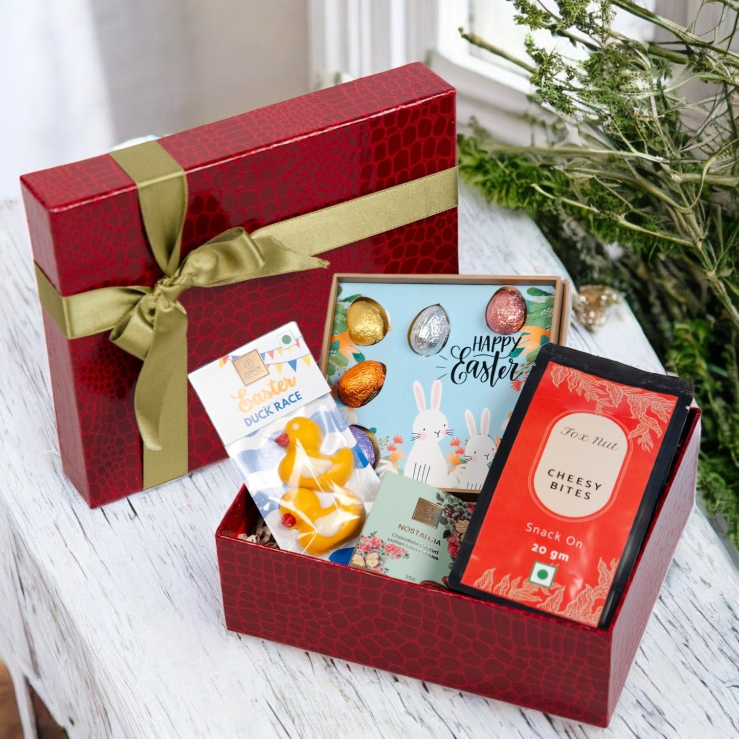 ZOROY Luxury Chocolate Easter Springtime Treats Basket with Choco Eggs, Ducks, Biscuit & Gourmet Snacks | Premium Treats Box |Holiday Gifts & Goodies for Kids, Adults & Festive Gifting | Basket Filler