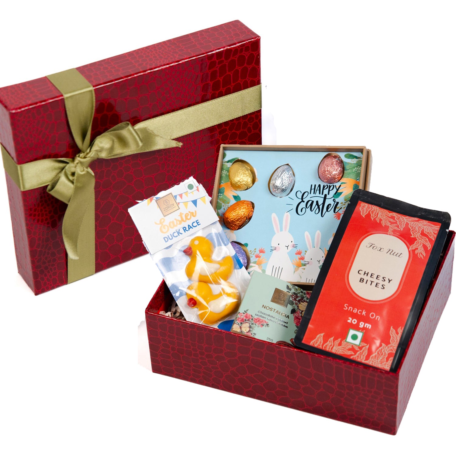 ZOROY Luxury Chocolate Easter Springtime Treats Basket with Choco Eggs, Ducks, Biscuit & Gourmet Snacks | Premium Treats Box |Holiday Gifts & Goodies for Kids, Adults & Festive Gifting | Basket Filler