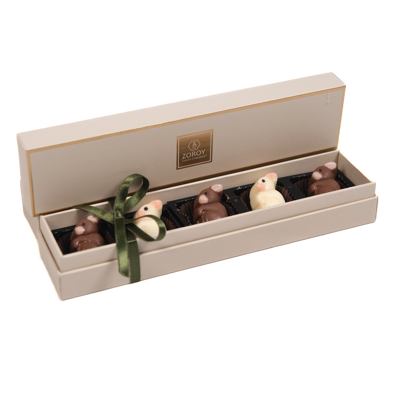ZOROY Luxury Chocolate Box | Pack of 5 Milk & White Choco Bunnies | Easter Chocolate Gift | Festive Treats for Kids & Adults | Easter Basket Filler, Party Favors, Egg Hunt Goodies & Holiday Gifting