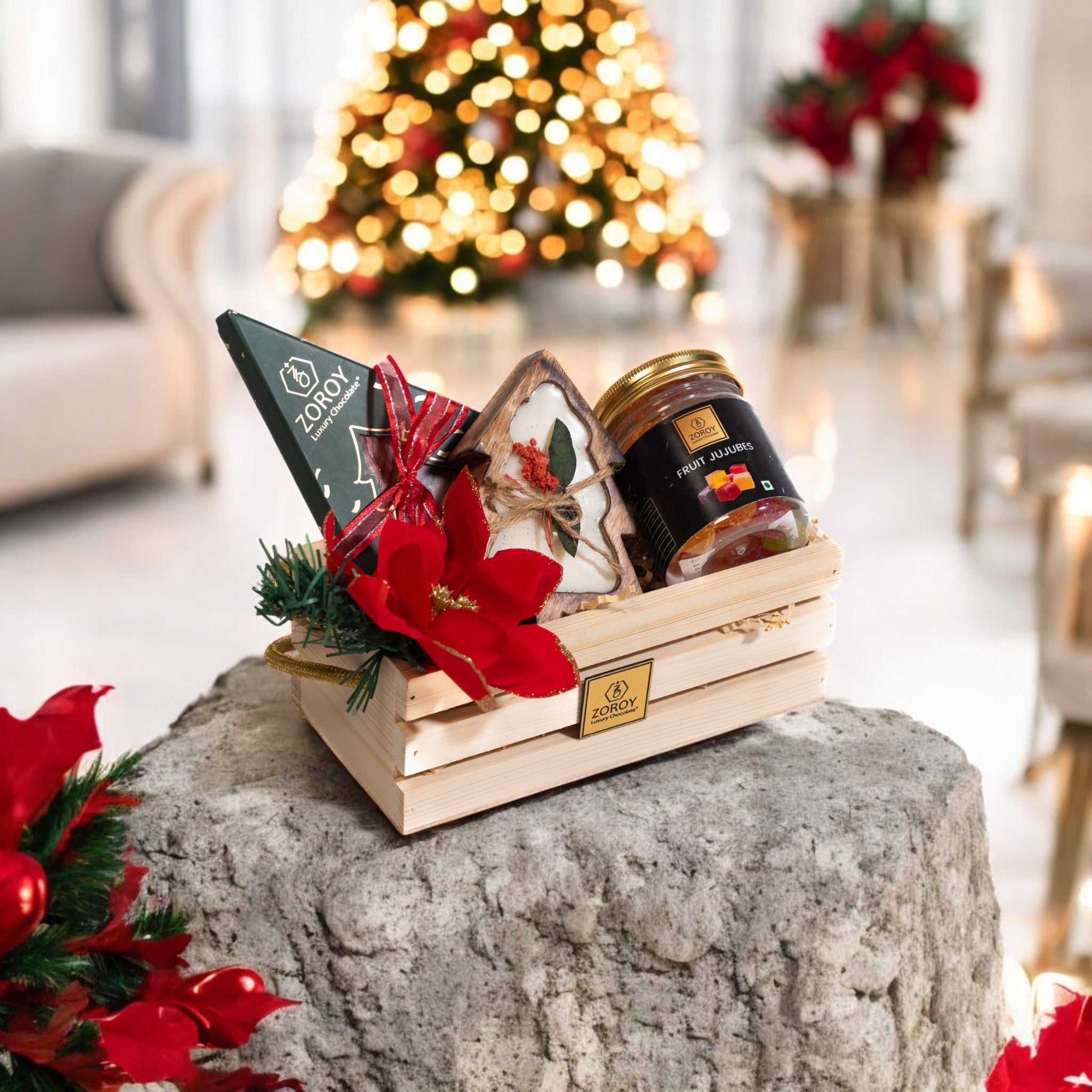 ZOROY Elite Christmas Gift Hamper | Ginger cookie Chocolate Tree, Jujubes & Soy Candle | Holiday Corporate Gifting