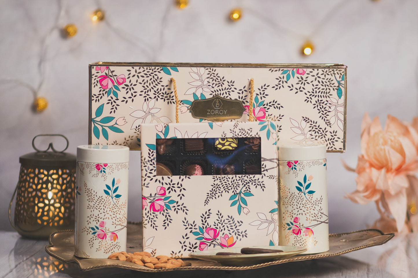 ZOROY Floral Gift Hamper Bag With Assorted Chocolate Dry Fruits And Cookies Combo Pack