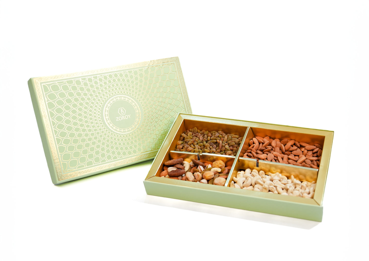 ZOROY Green Peacock Gift Hamper Box of Dry Fruits 800g – Assorted Premium Nut Collection of Almond, Cashew, Raisins, Mixed Dryfruits - Ideal pack for Diwali Festive and Corporate Gifting