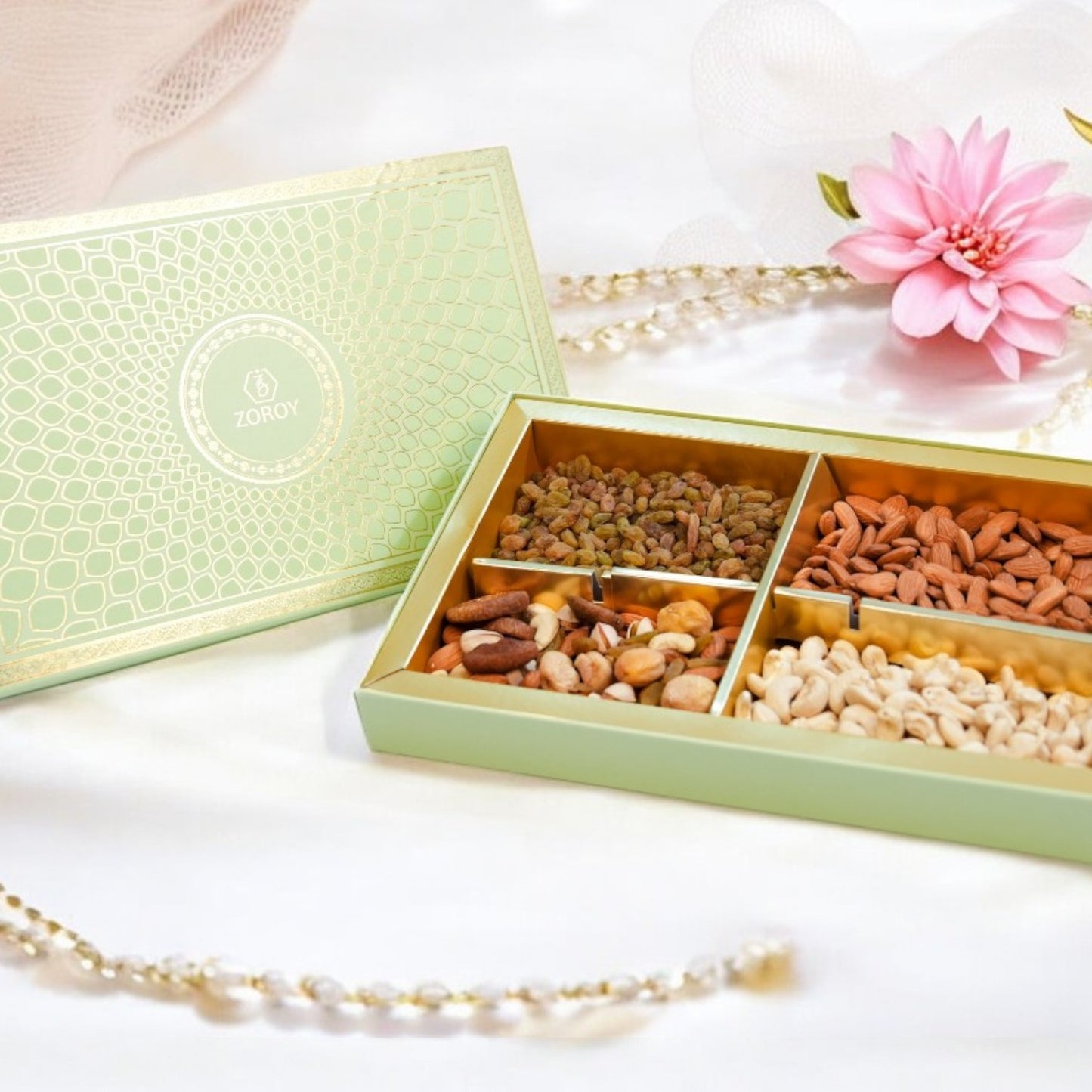 ZOROY Green Peacock Gift Hamper Box of Dry Fruits 800g – Assorted Premium Nut Collection of Almond, Cashew, Raisins, Mixed Dryfruits - Ideal pack for Diwali Festive and Corporate Gifting