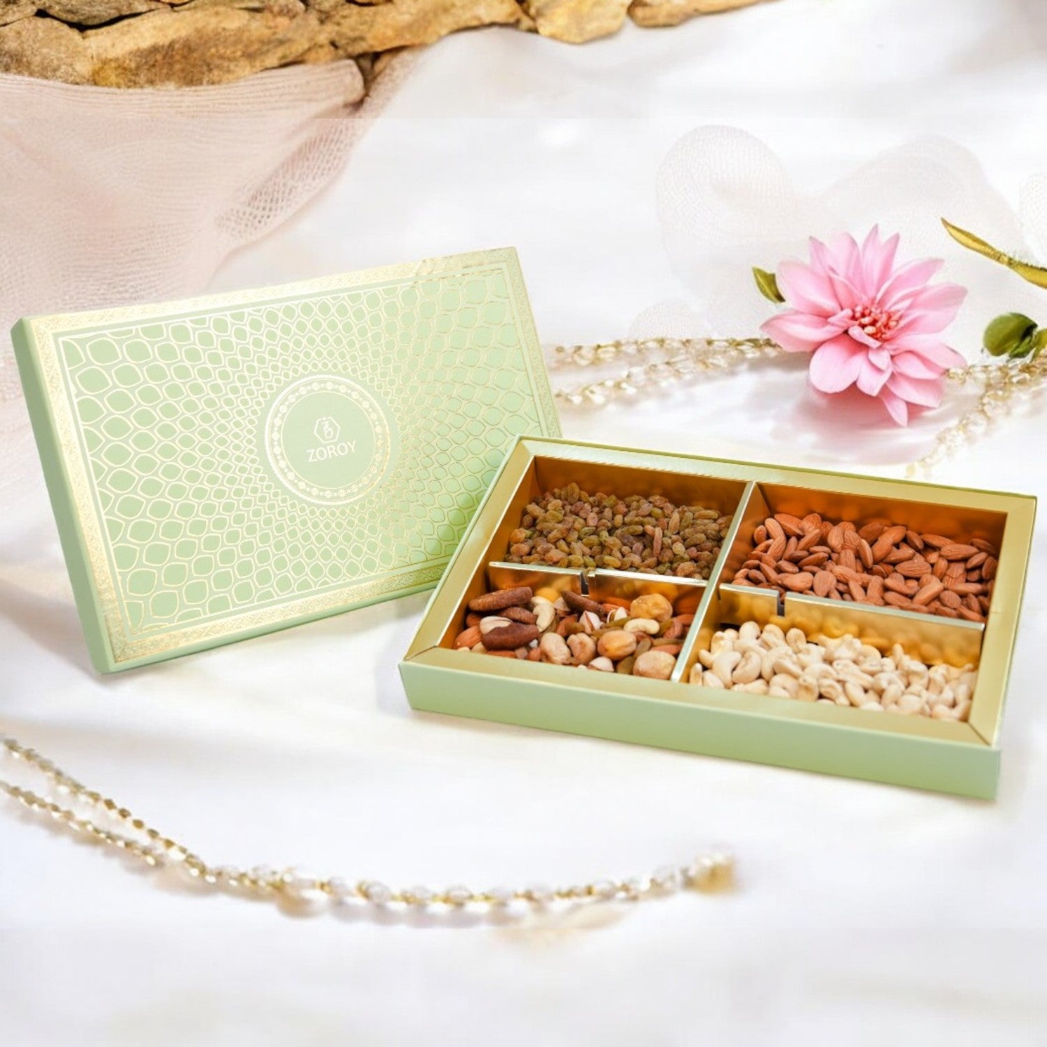 ZOROY Green Peacock Gift Hamper Box of Dry Fruits 800g – Assorted Premium Nut Collection of Almond, Cashew, Raisins, Mixed Dryfruits - Ideal pack for Diwali Festive and Corporate Gifting