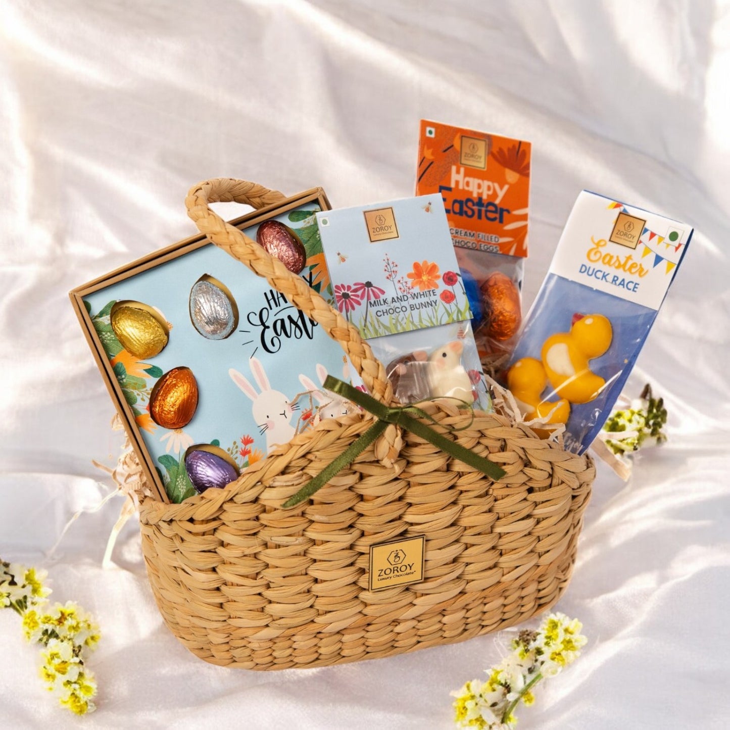 ZOROY Luxury Chocolate Handmade Easter Feast Gift Basket | Chocolate Eggs, Cream-Filled Choco Eggs, Bunnies & Ducks |Treats for Kids & Adults | Egg Hunt, Party Favors, Festive Gifting & Decorations
