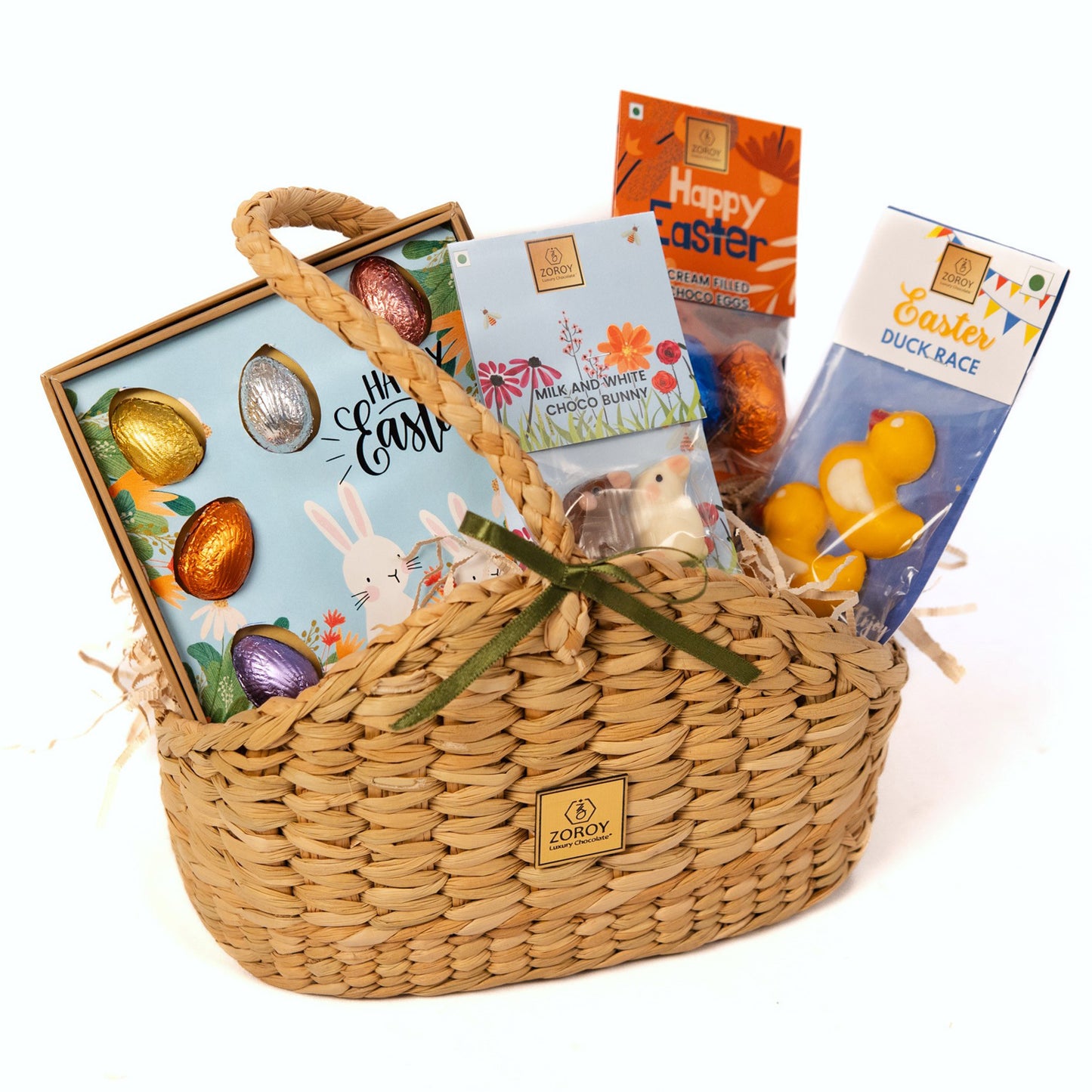 ZOROY Luxury Chocolate Handmade Easter Feast Gift Basket | Chocolate Eggs, Cream-Filled Choco Eggs, Bunnies & Ducks |Treats for Kids & Adults | Egg Hunt, Party Favors, Festive Gifting & Decorations