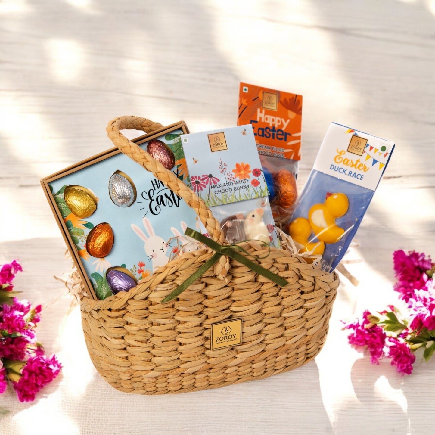 ZOROY Luxury Chocolate Handmade Easter Feast Gift Basket | Chocolate Eggs, Cream-Filled Choco Eggs, Bunnies & Ducks |Treats for Kids & Adults | Egg Hunt, Party Favors, Festive Gifting & Decorations