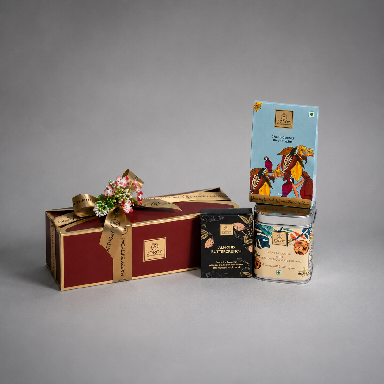 ZOROY Happy Birthday Gourmet Gift Box | Chocolate Rice Crisps, Almond Buttercrunch & Handmade Cookies