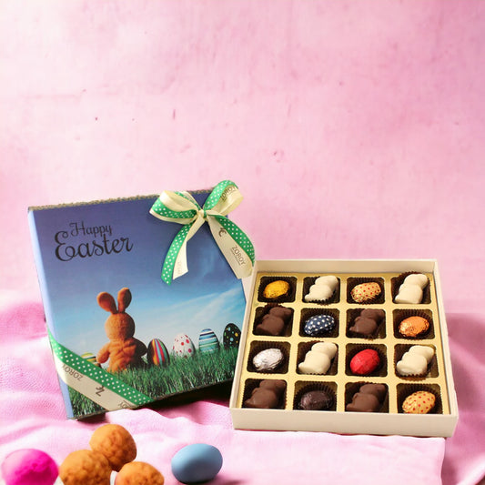 ZOROY Happy Easter Message Special Box of 16 with Assorted Bunnies & Egg's Chocolates Gift Combo Pack - 176 Gms